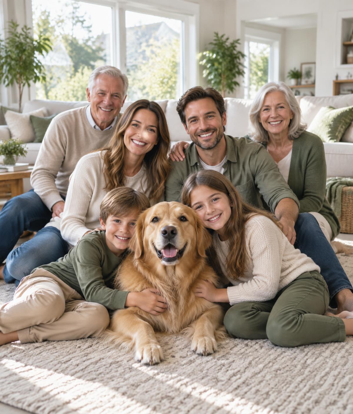 A family relaxing together in a clean, bright living room