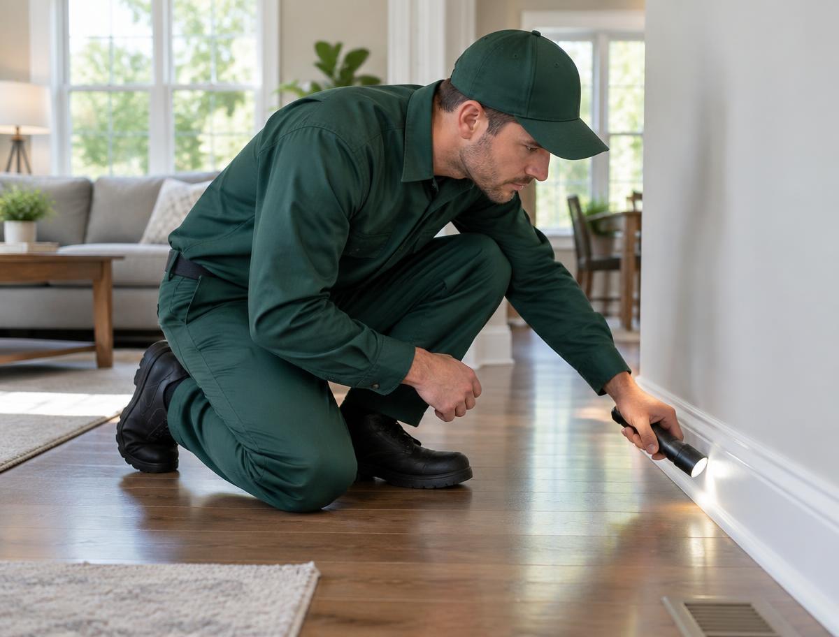 A pest-control professional inspecting a baseboard